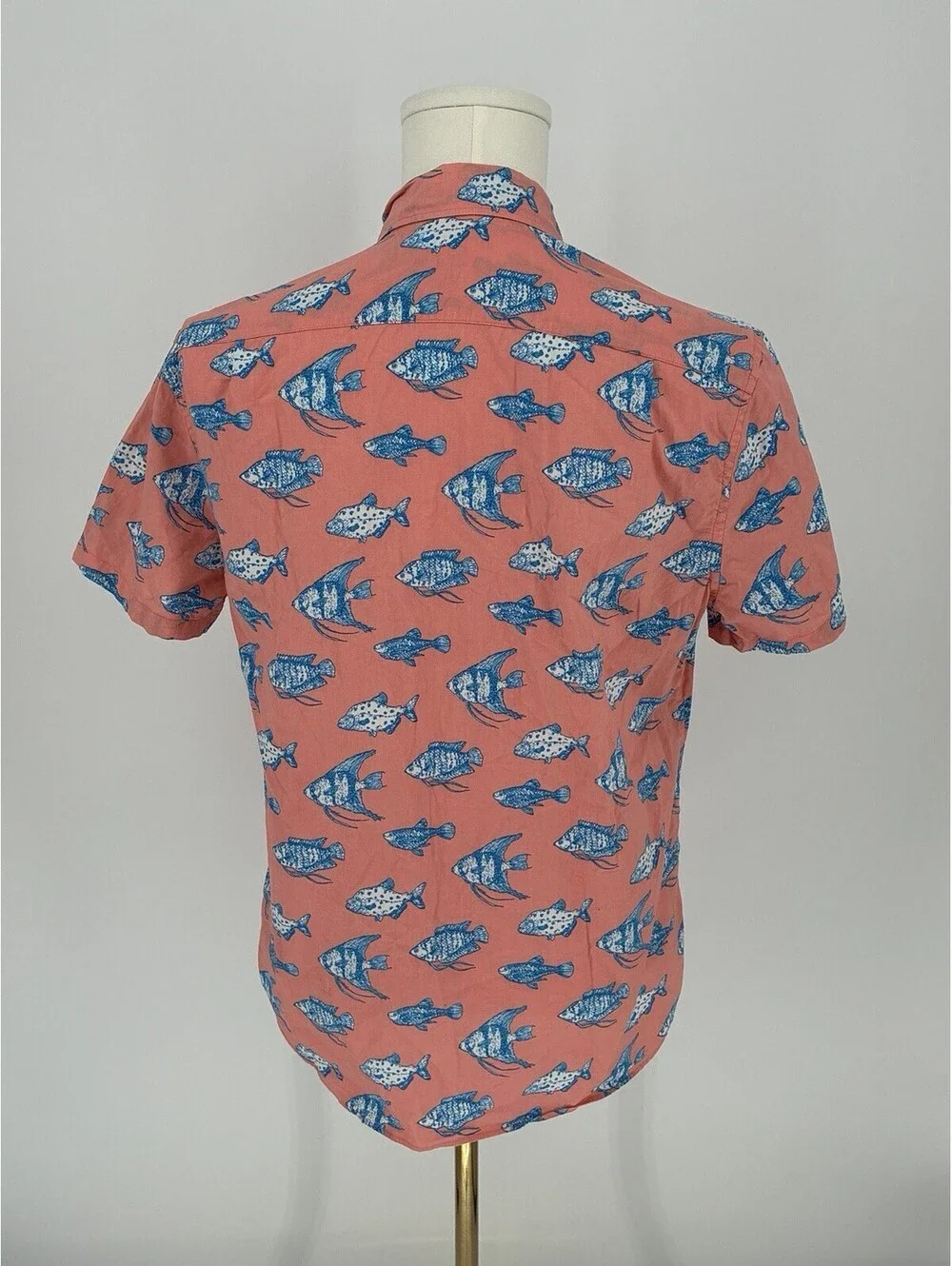 J.Crew Men M Medium Button Up Shirt Fish Pocket Hawaiian Summer Salmon Red Blue